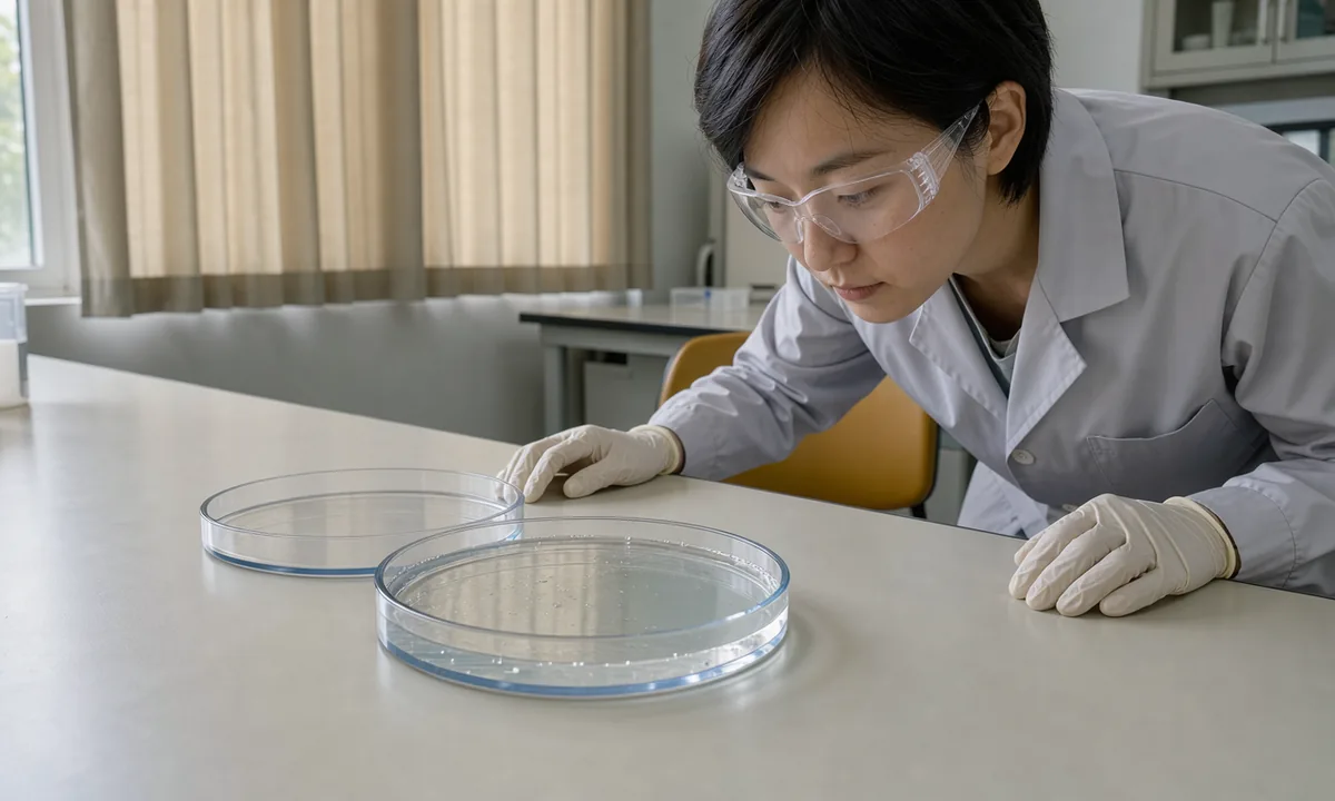 A technician looking across shallow culture dishes and a small collagen gel on a light laboratory bench