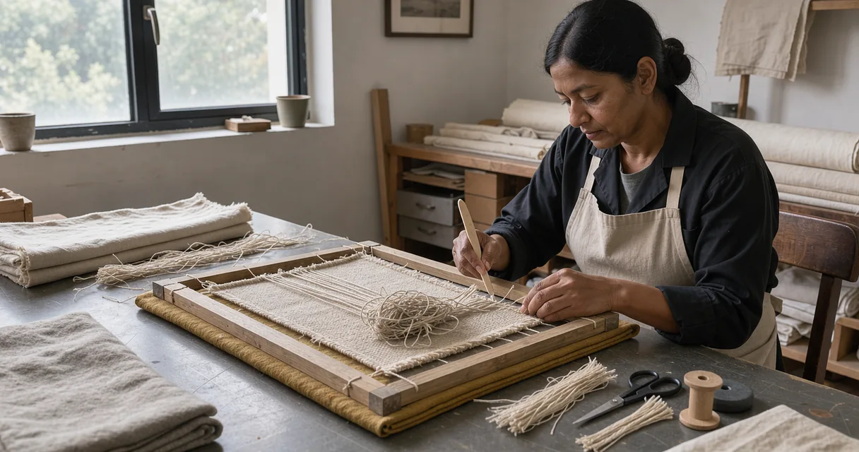 An adult textile conservator easing a dense knot in linen threads on a small wooden frame