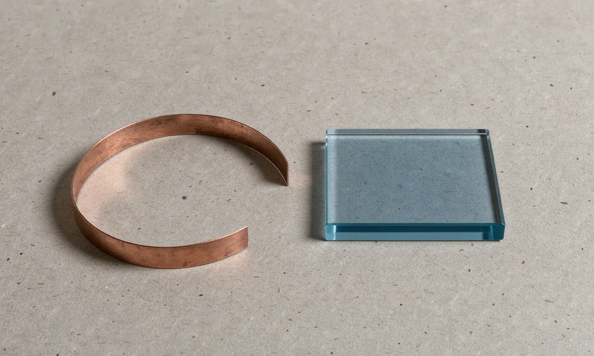 A curved strip of copper beside a blue optical-glass tile on oatmeal paper