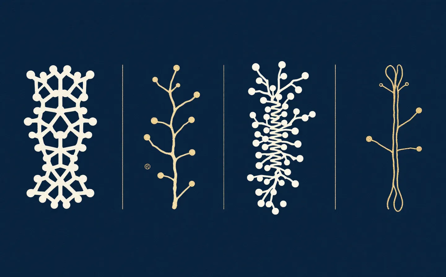 Letterpress-style abstraction of four impressed peptide specimen marks on deep navy stock