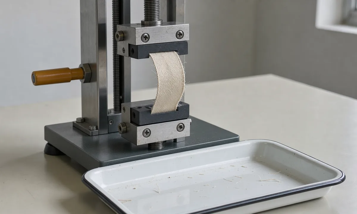 A small mechanical tensile-testing rig gripping a pale woven strip above a laboratory tray